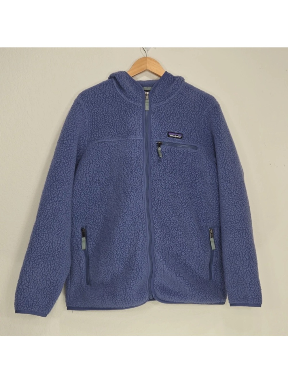 Patagonia Retro Pile Fleece Hoodie Full Zip Jacket Current Blue Size L Womens